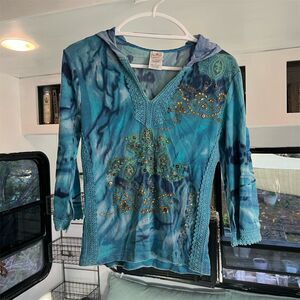 Forbidden Boho Women's Blue Tie Dye Pullover Hoodie (M) Beaded Casual Spring